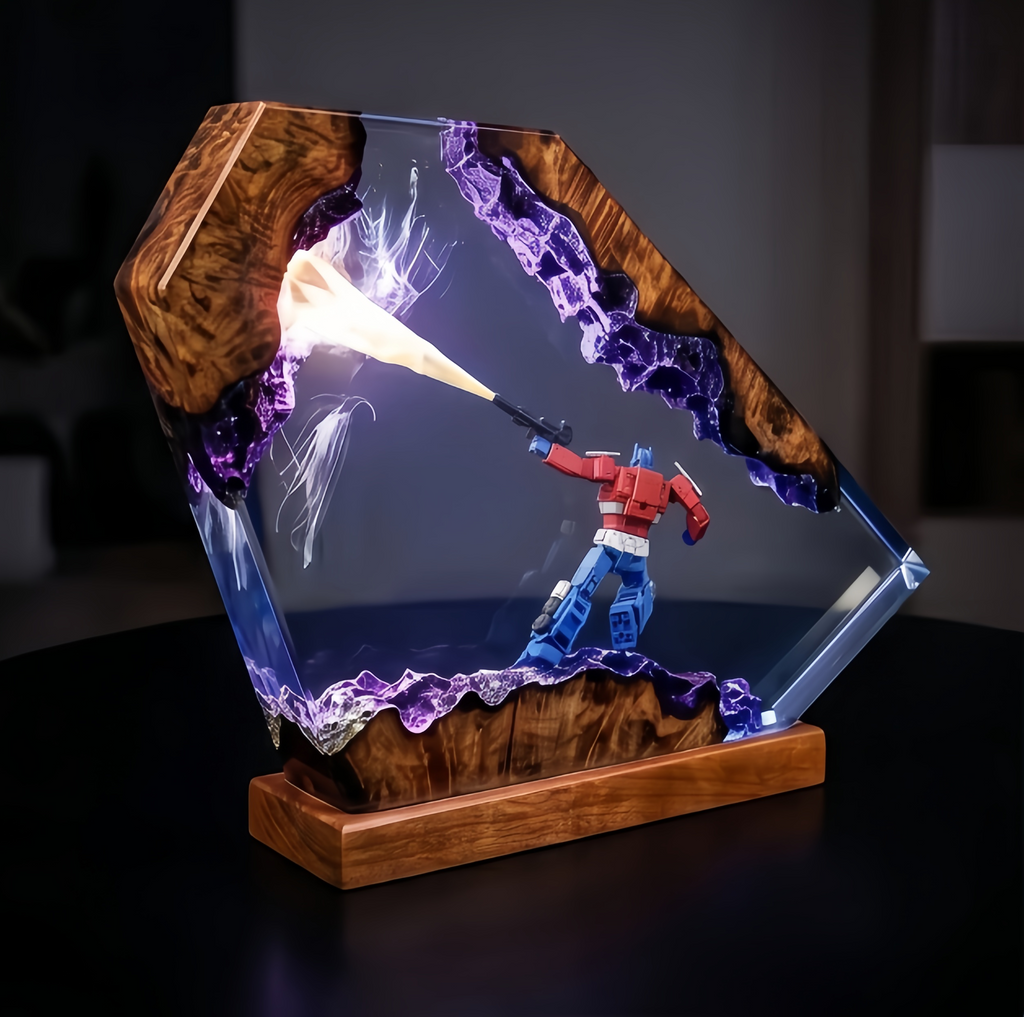 Transformers Optimus Prime LED Resin Wood Lamp - Custom Robot Diorama Night Light