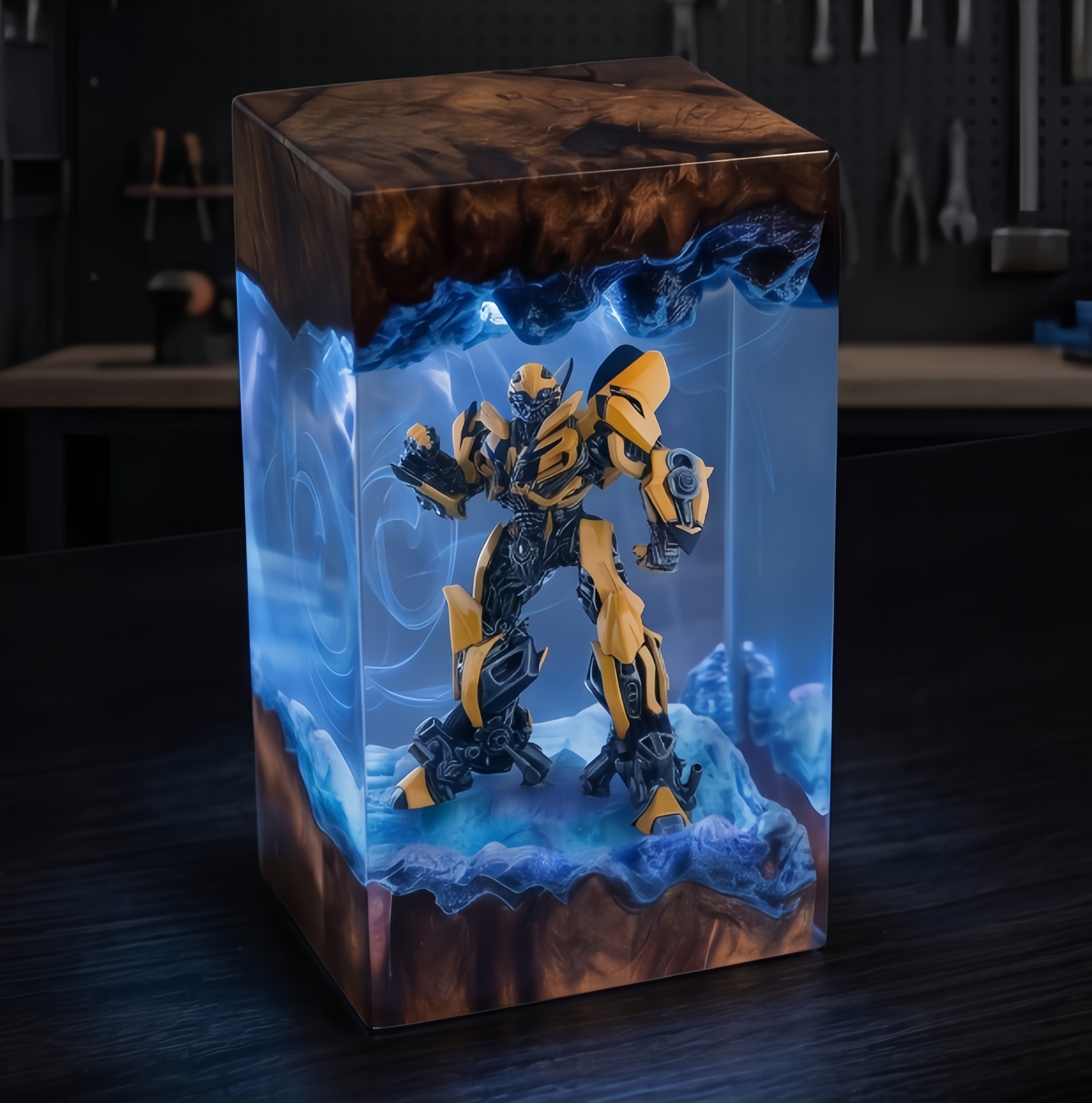 Transformers Bumblebee LED Resin Wood Lamp - Custom Robot Diorama Night Light