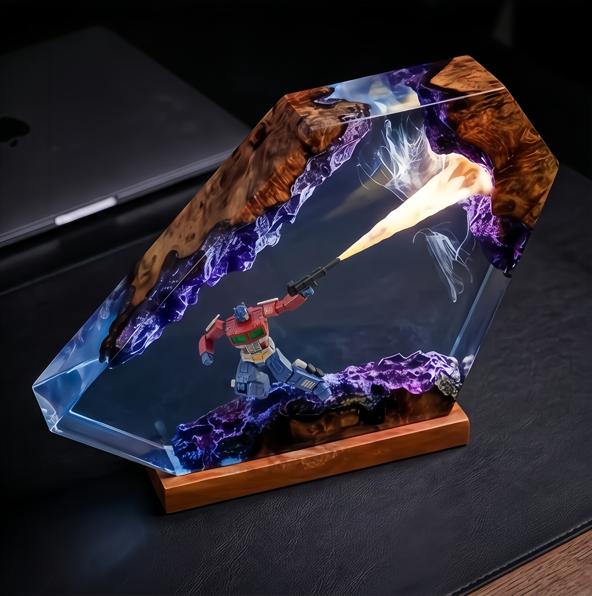Transformers Optimus Prime LED Resin Wood Lamp - Custom Robot Diorama Night Light