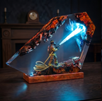 Firefighter Resin Lamp, Diorama Night Light, Natural Wood Base, LED Illumination, Fantasy Art Decor