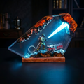 Firefighter Resin Lamp, Diorama Night Light, Natural Wood Base, LED Illumination, Fantasy Art Decor