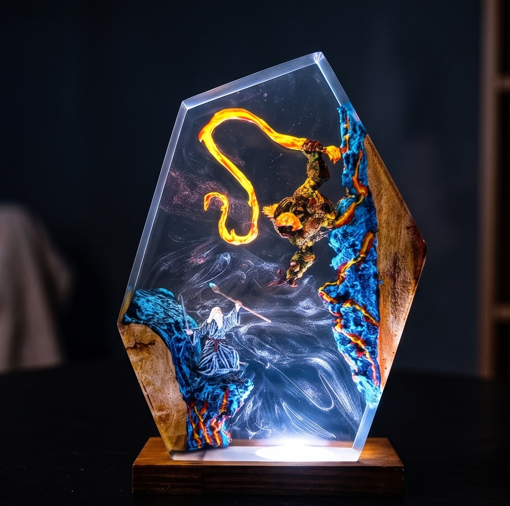 Dark Fantasy Resin Lamp, Handcrafted Fantasy Night Light with Epic Battle Scene
