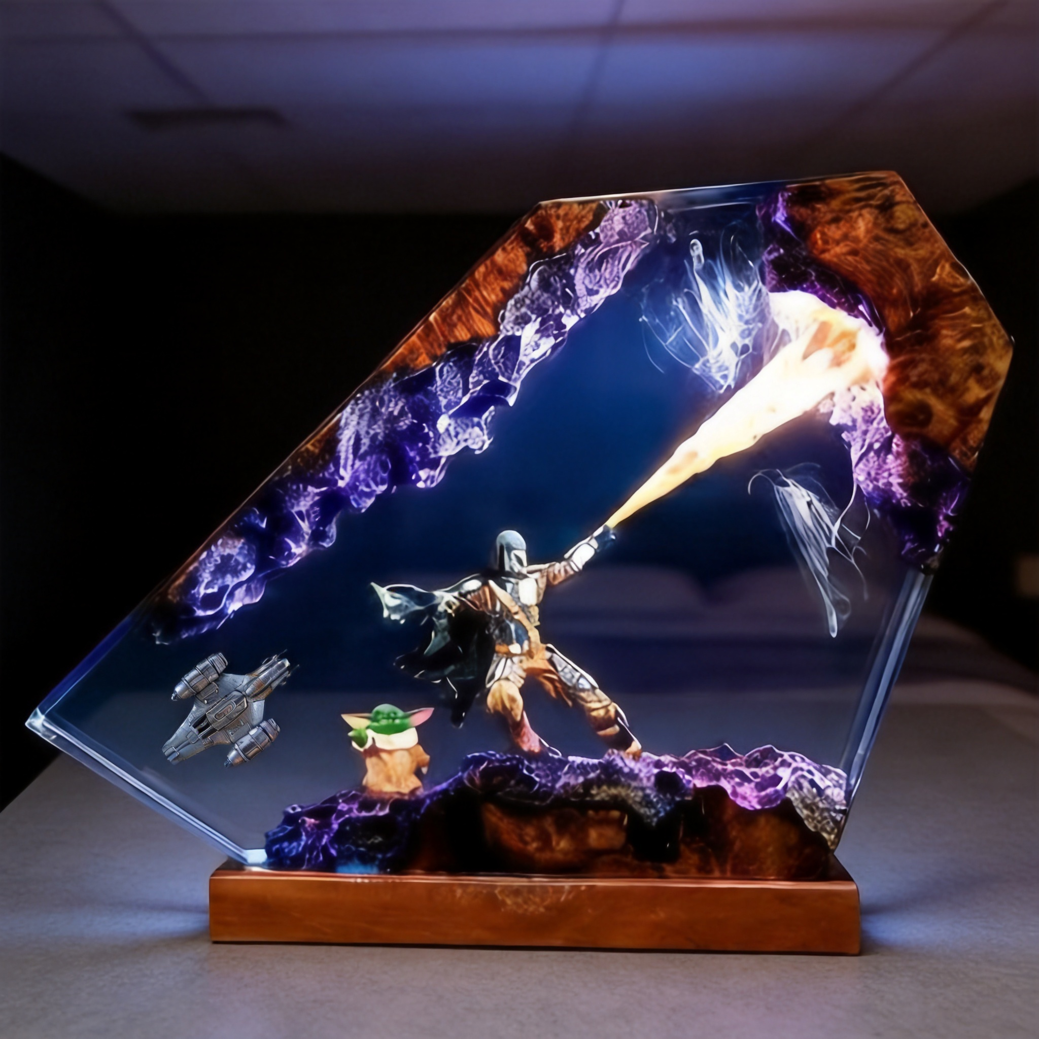 The Mandalorian Diorama,Din Djarin, Grogu,Resin Lamp,Star Wars Darth Lord Vader Night Light Desk Decor | Handmade Custom Gift