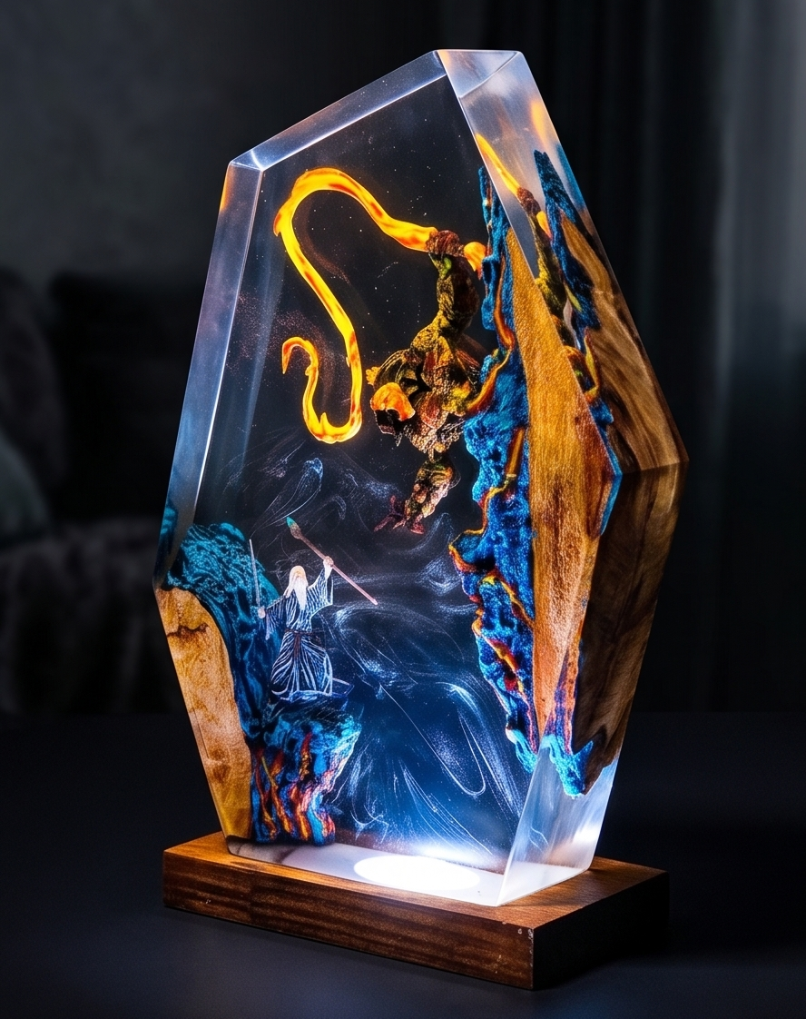 Dark Fantasy Resin Lamp, Handcrafted Fantasy Night Light with Epic Battle Scene