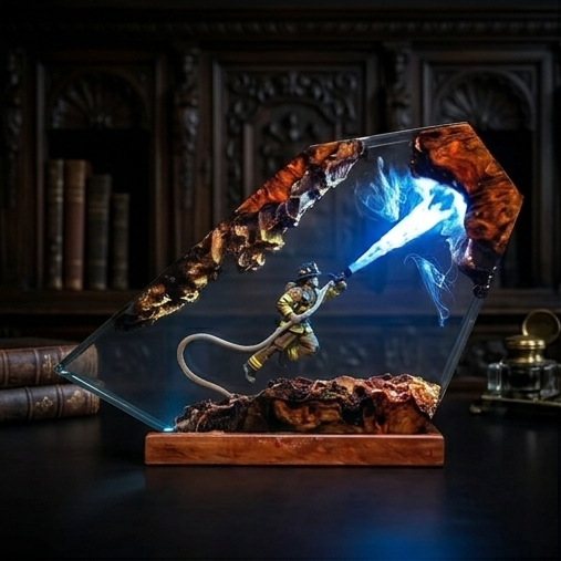 Firefighter Resin Lamp, Diorama Night Light, Natural Wood Base, LED Illumination, Fantasy Art Decor