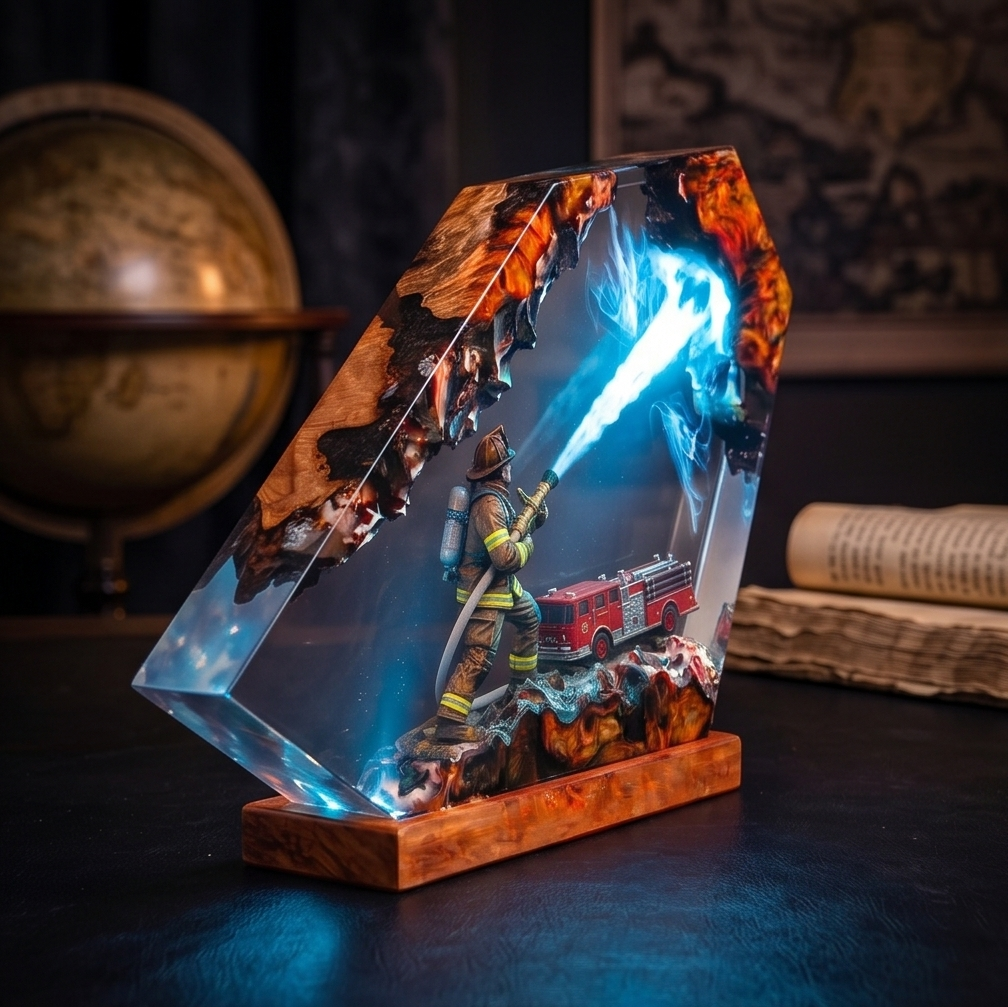 Firefighter Resin Lamp, Diorama Night Light, Natural Wood Base, LED Illumination, Fantasy Art Decor