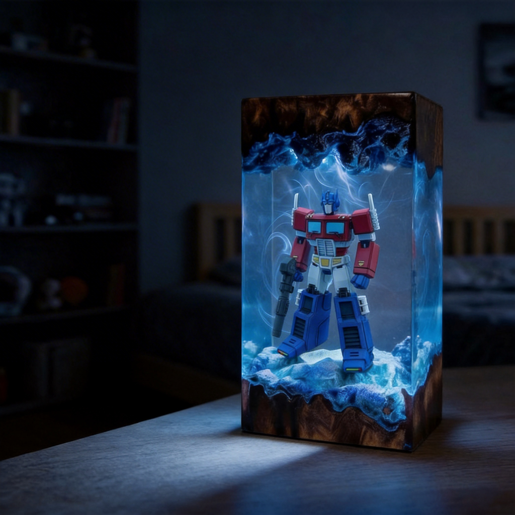 Transformers Optimus Prime LED Resin Wood Lamp - Custom Robot Diorama Night Light