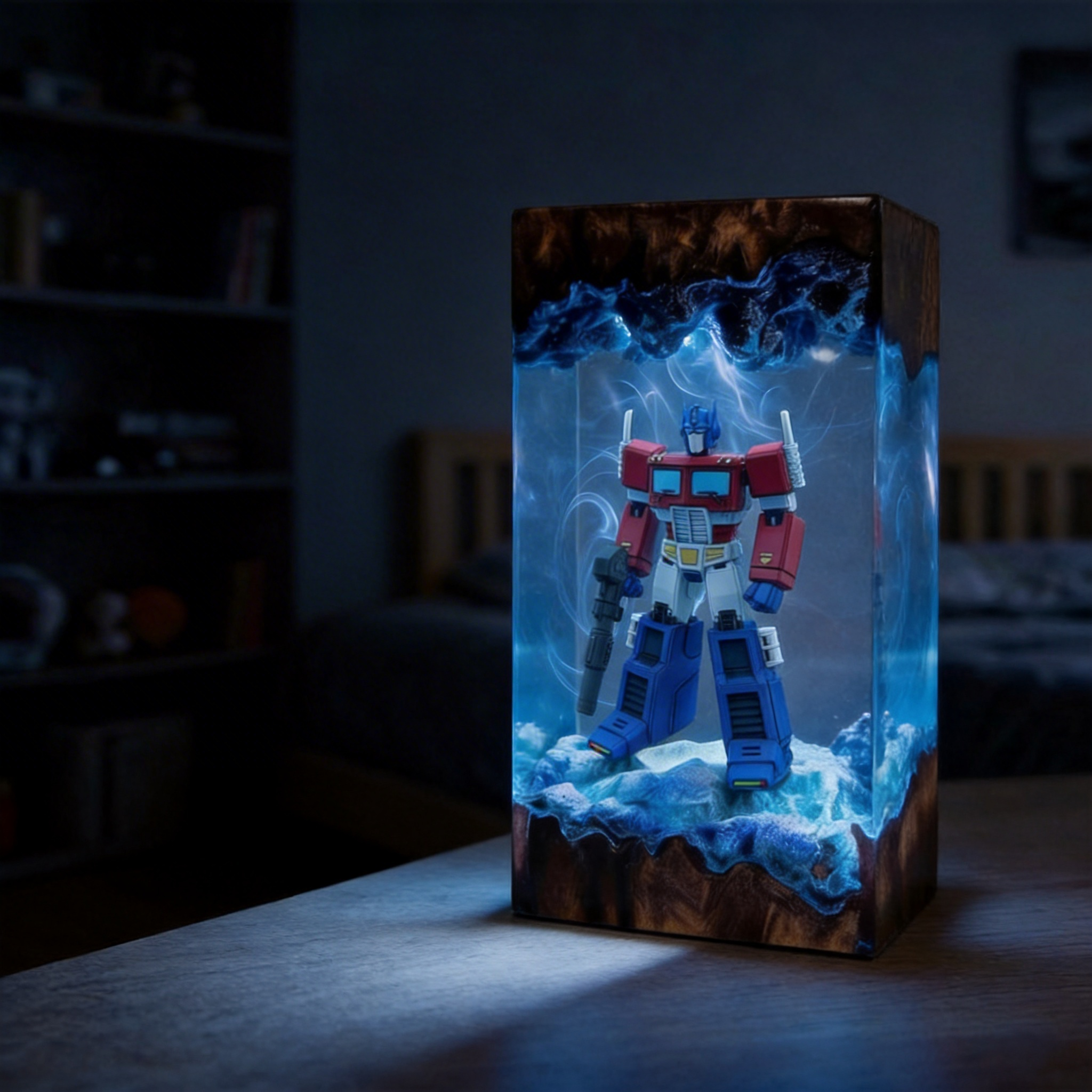 Transformers Optimus Prime LED Resin Wood Lamp - Custom Robot Diorama Night Light