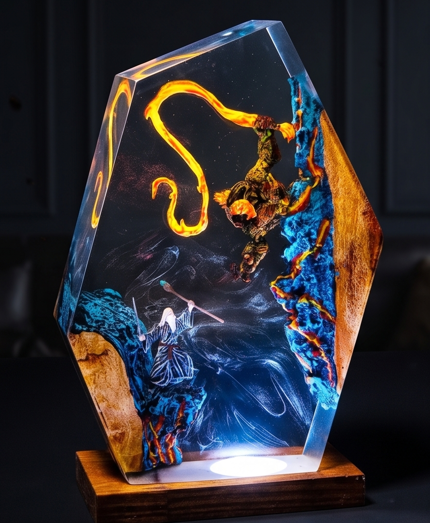 Dark Fantasy Resin Lamp, Handcrafted Fantasy Night Light with Epic Battle Scene