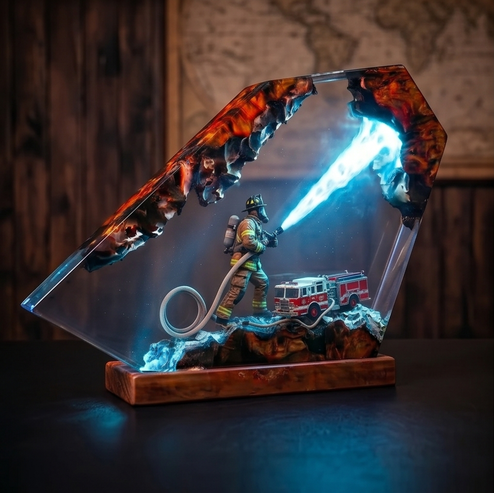 Firefighter Resin Lamp, Diorama Night Light, Natural Wood Base, LED Illumination, Fantasy Art Decor