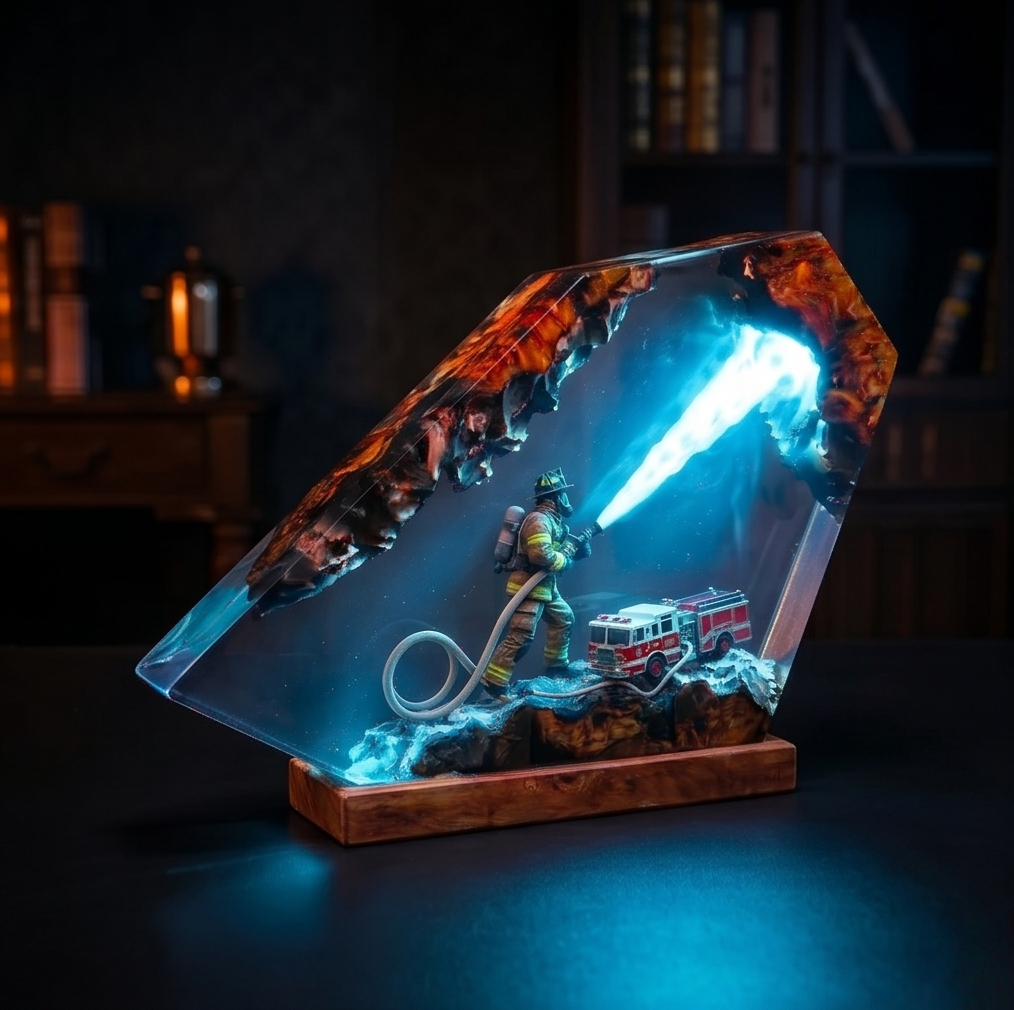 Firefighter Resin Lamp, Diorama Night Light, Natural Wood Base, LED Illumination, Fantasy Art Decor