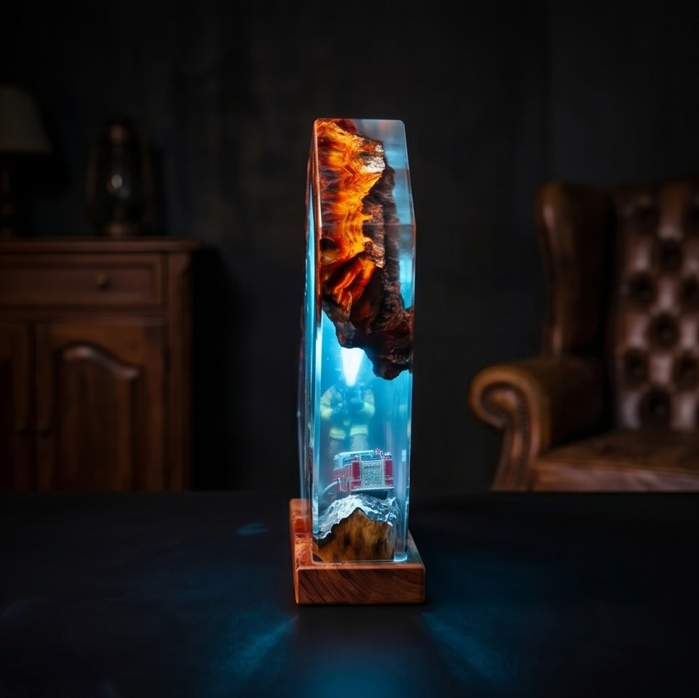 Firefighter Resin Lamp, Diorama Night Light, Natural Wood Base, LED Illumination, Fantasy Art Decor