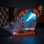 Firefighter Resin Lamp, Diorama Night Light, Natural Wood Base, LED Illumination, Fantasy Art Decor