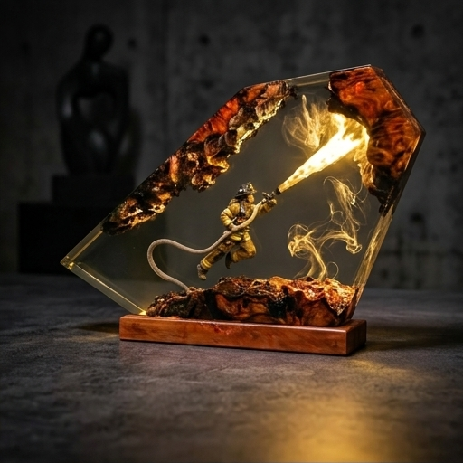 Firefighter Resin Lamp, Diorama Night Light, Natural Wood Base, LED Illumination, Fantasy Art Decor