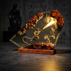 Firefighter Resin Lamp, Diorama Night Light, Natural Wood Base, LED Illumination, Fantasy Art Decor