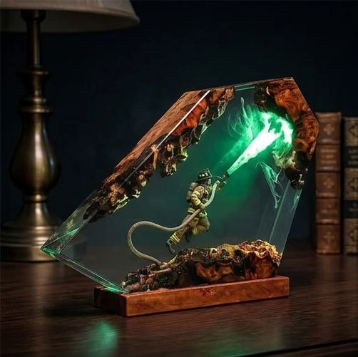 Firefighter Resin Lamp, Diorama Night Light, Natural Wood Base, LED Illumination, Fantasy Art Decor