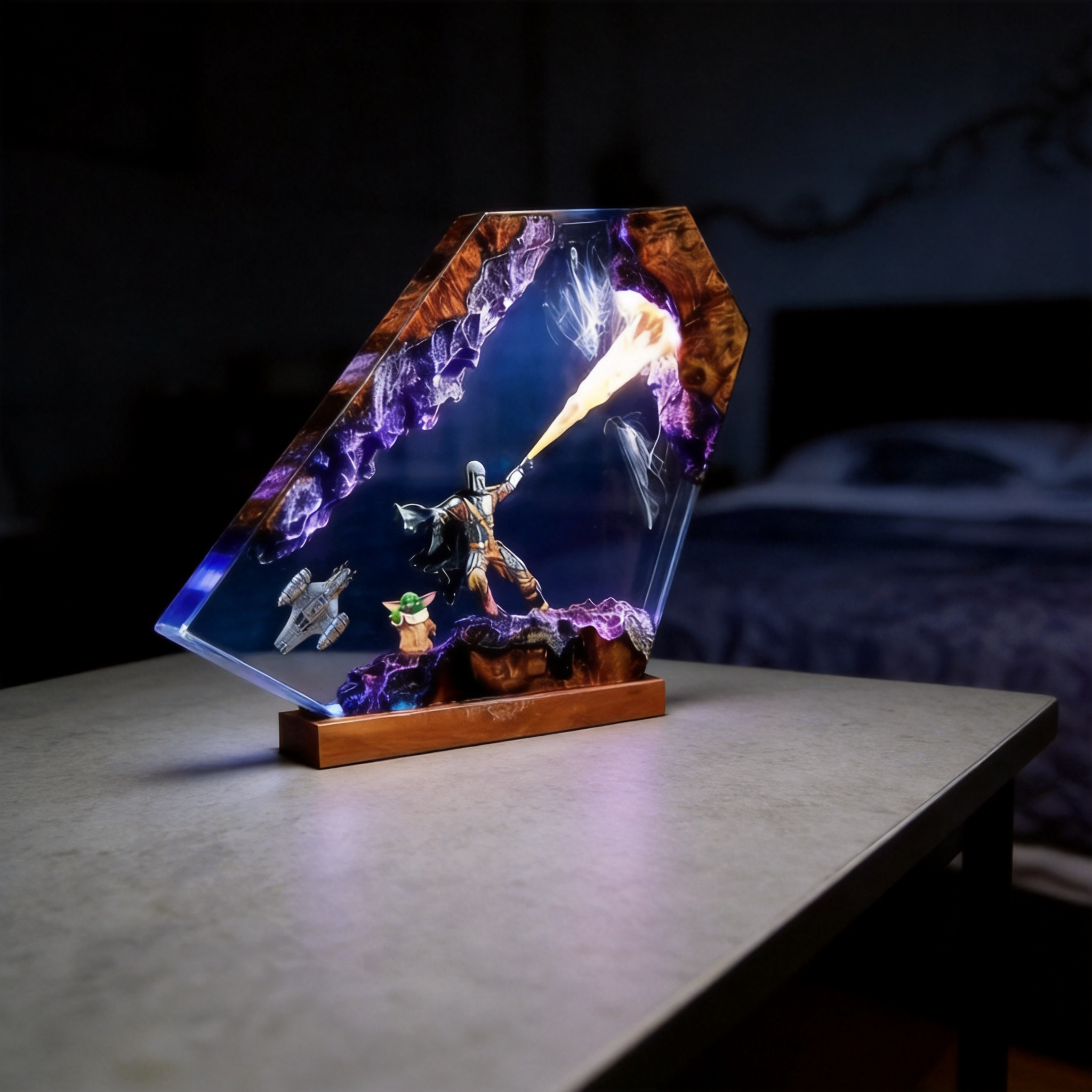 The Mandalorian Diorama,Din Djarin, Grogu,Resin Lamp,Star Wars Darth Lord Vader Night Light Desk Decor | Handmade Custom Gift