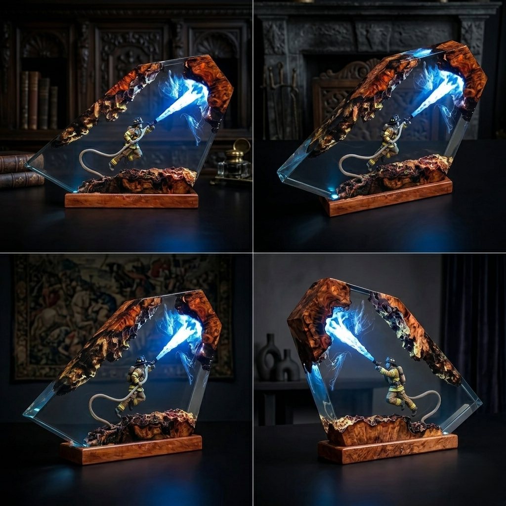 Firefighter Resin Lamp, Diorama Night Light, Natural Wood Base, LED Illumination, Fantasy Art Decor