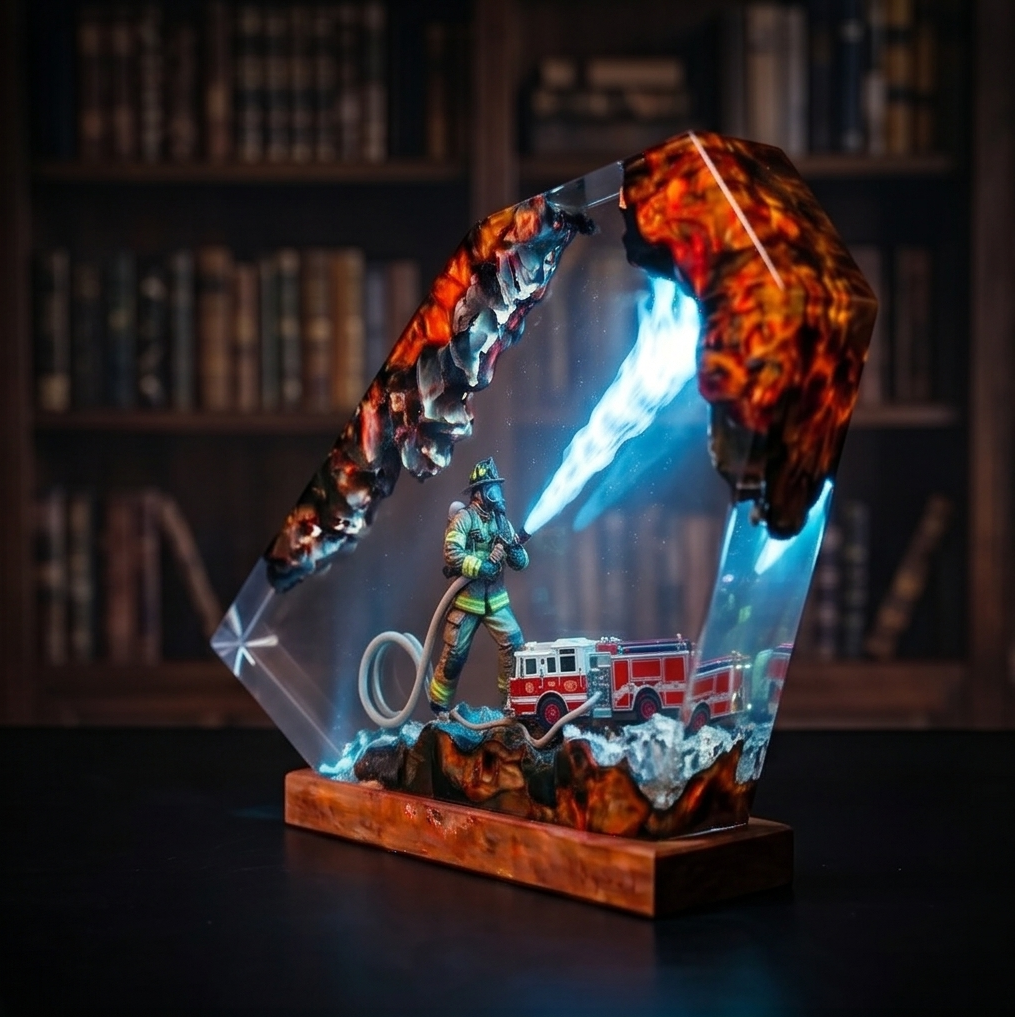 Firefighter Resin Lamp, Diorama Night Light, Natural Wood Base, LED Illumination, Fantasy Art Decor