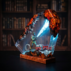Firefighter Resin Lamp, Diorama Night Light, Natural Wood Base, LED Illumination, Fantasy Art Decor