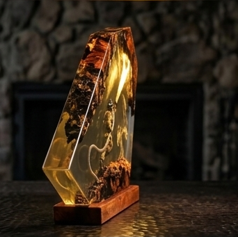 Firefighter Resin Lamp, Diorama Night Light, Natural Wood Base, LED Illumination, Fantasy Art Decor