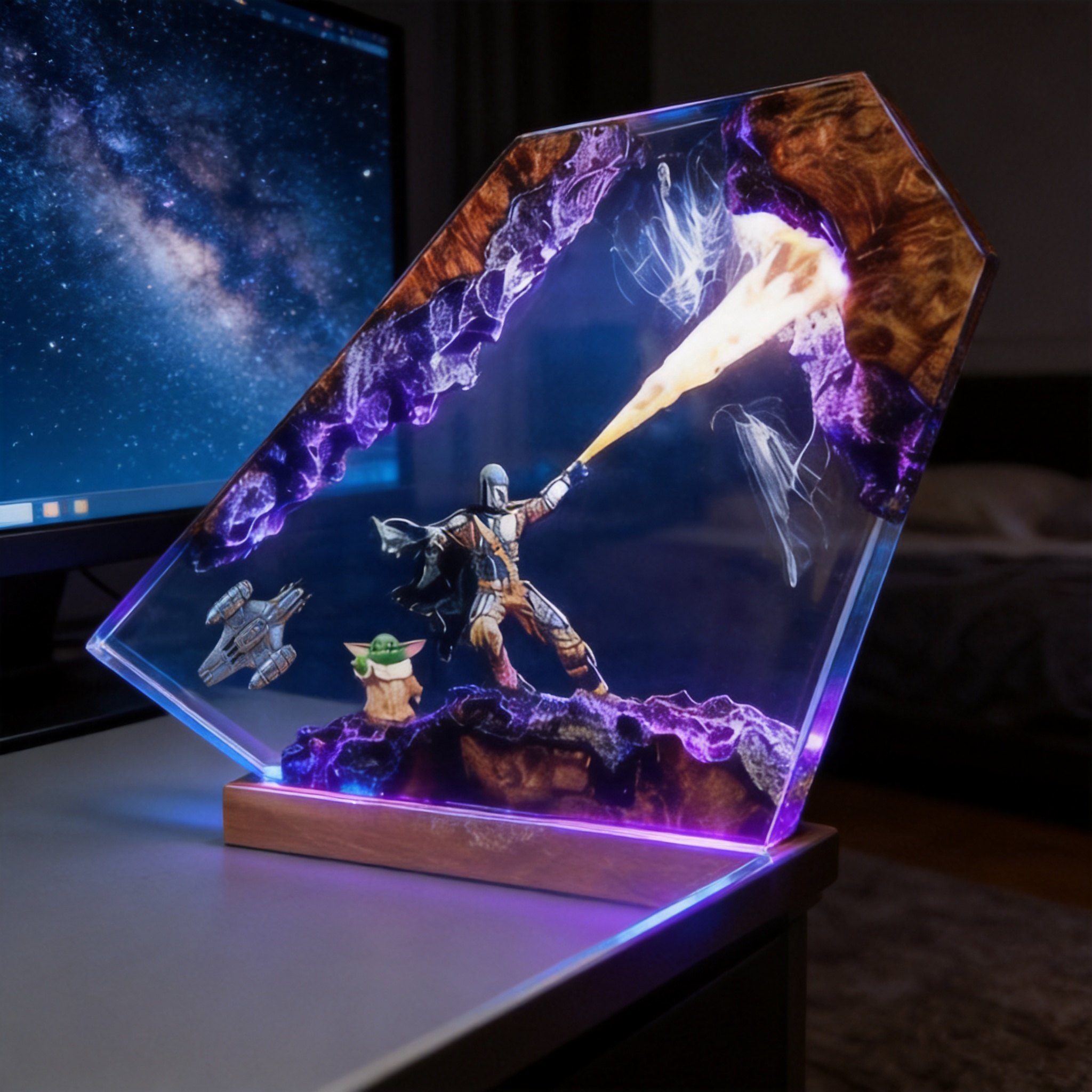 The Mandalorian Diorama,Din Djarin, Grogu,Resin Lamp,Star Wars Darth Lord Vader Night Light Desk Decor | Handmade Custom Gift