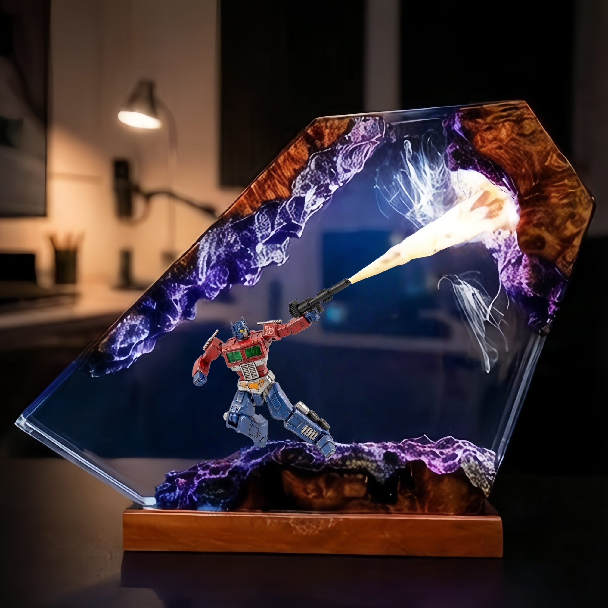 Transformers Optimus Prime LED Resin Wood Lamp - Custom Robot Diorama Night Light