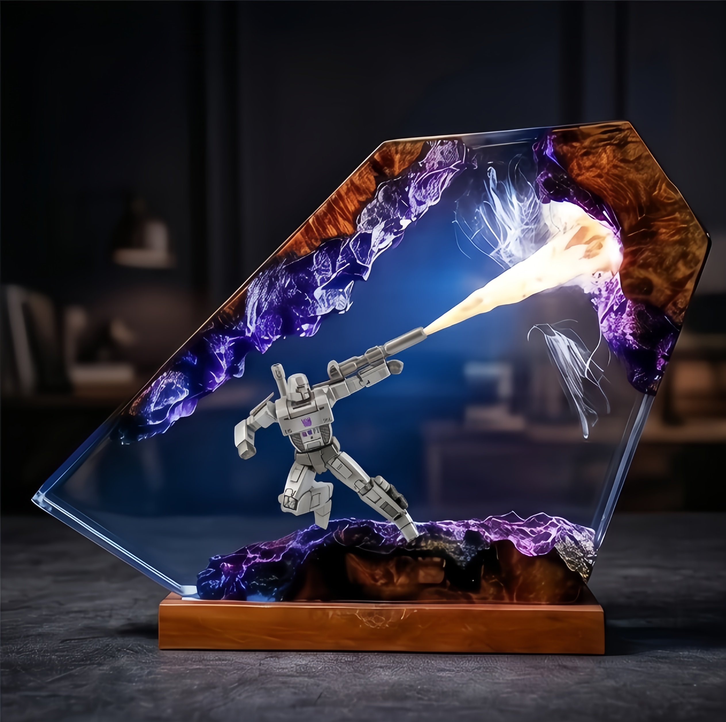 Transformers Megatron LED Resin Wood Lamp Custom Robot Diorama Night Light