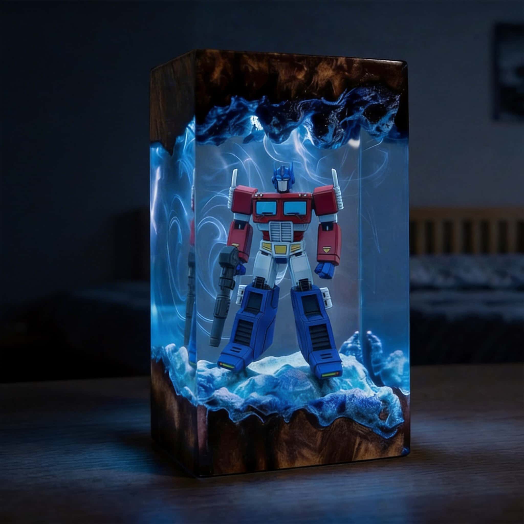Transformers Optimus Prime LED Resin Wood Lamp - Custom Robot Diorama Night Light