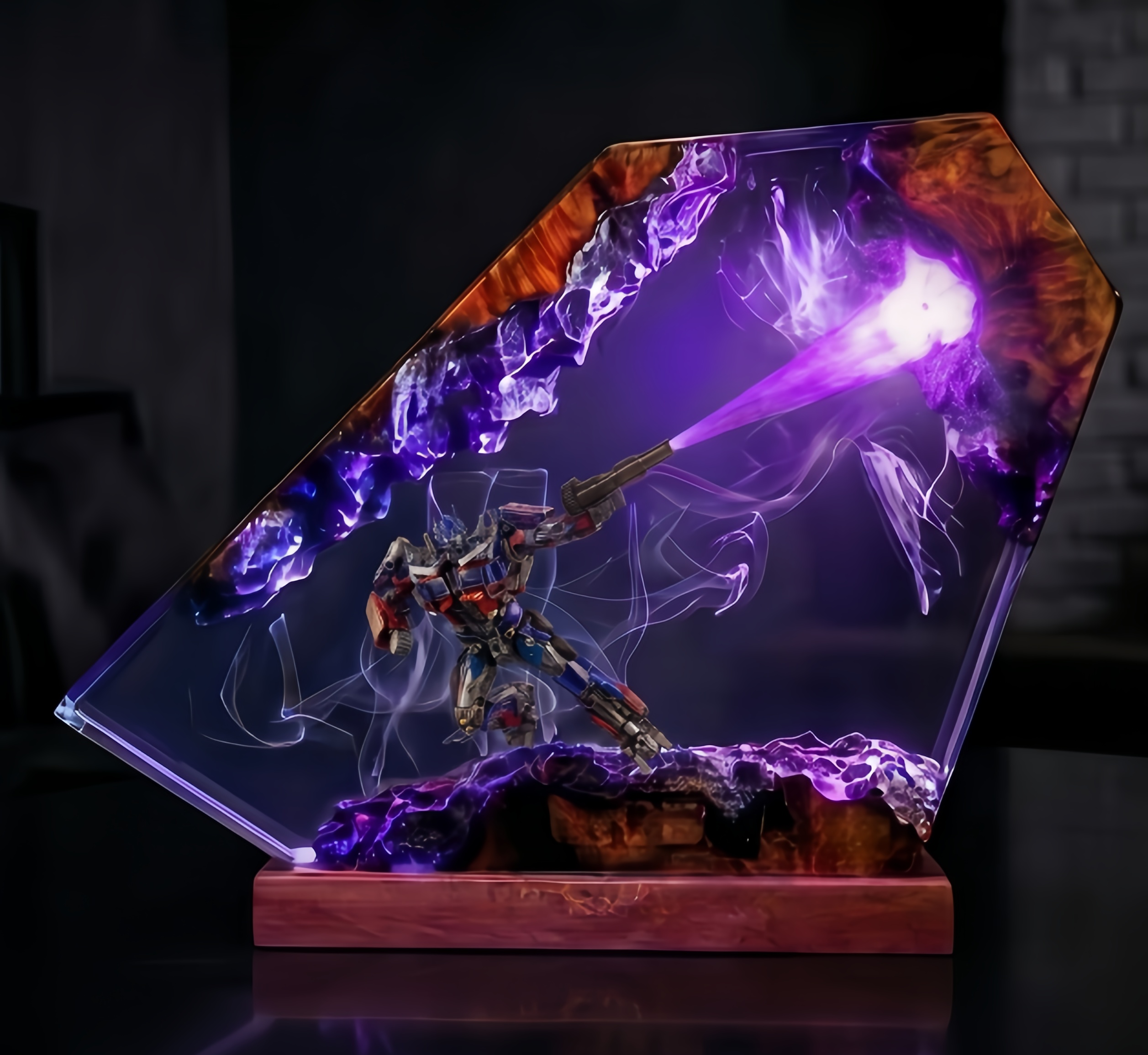 Transformers Optimus Prime LED Resin Wood Lamp Custom Robot Diorama Night Light