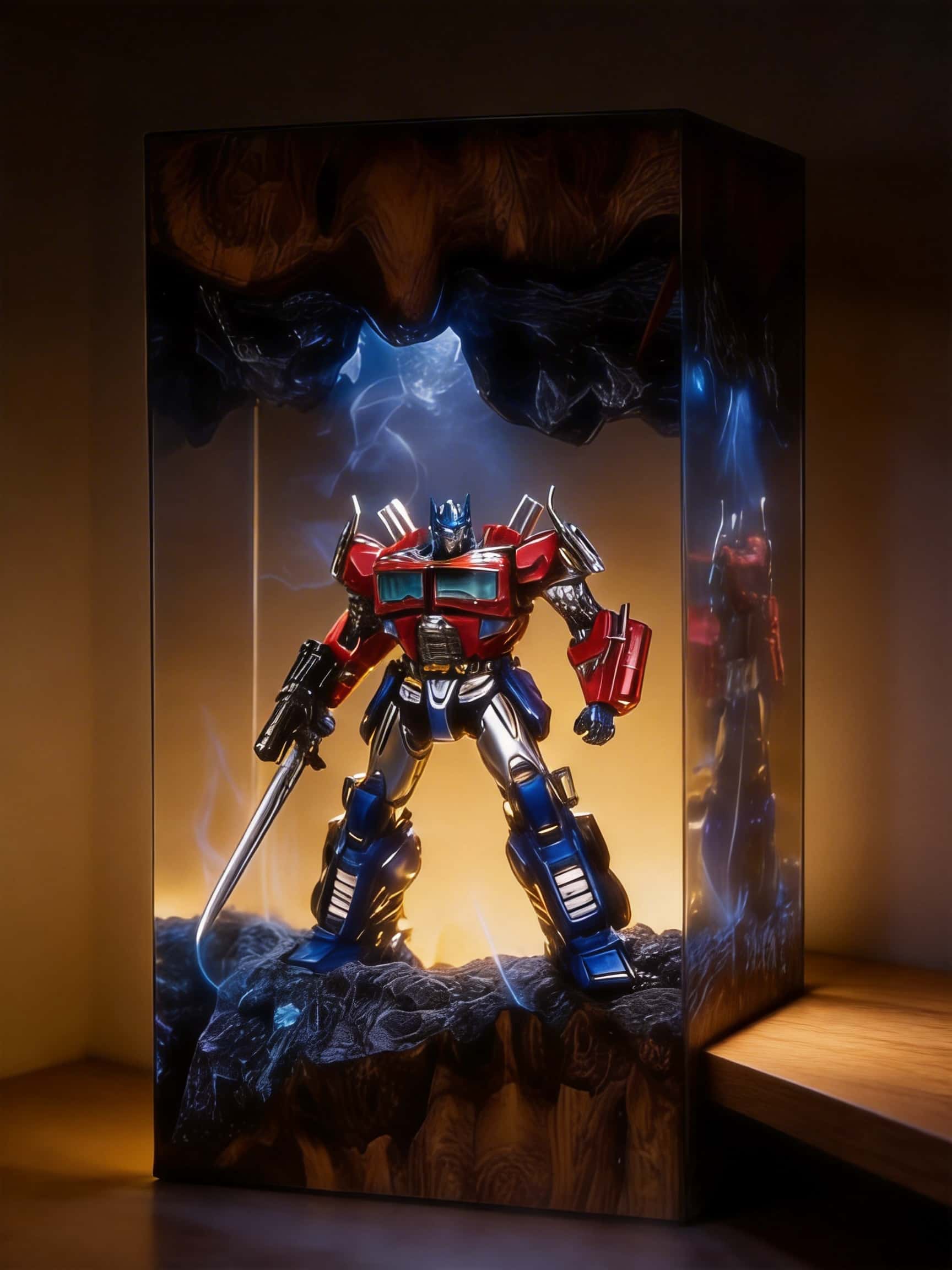 Transformers Optimus Prime LED Resin Wood Lamp - Custom Robot Diorama Night Light