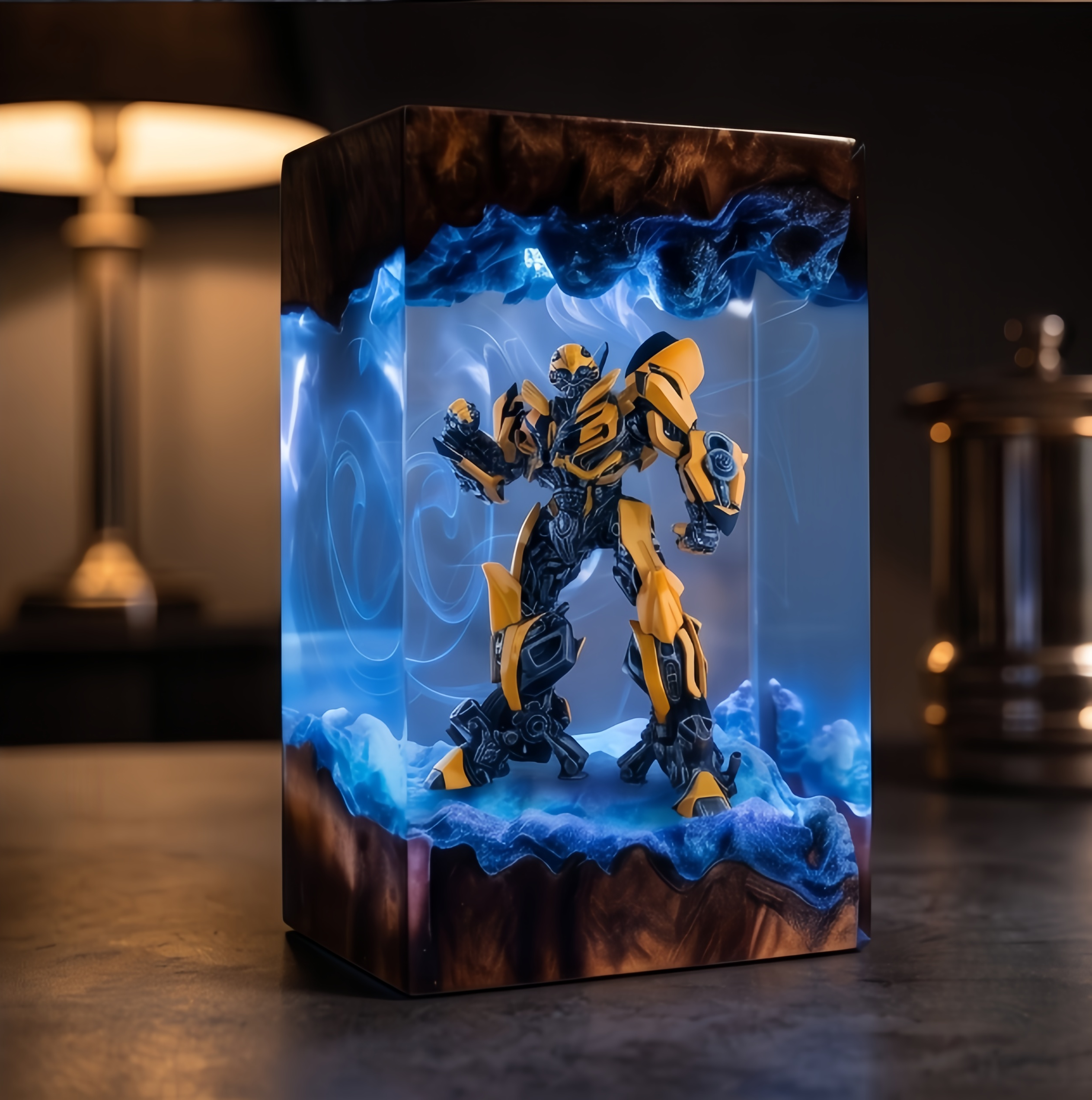 Transformers Bumblebee LED Resin Wood Lamp - Custom Robot Diorama Night Light