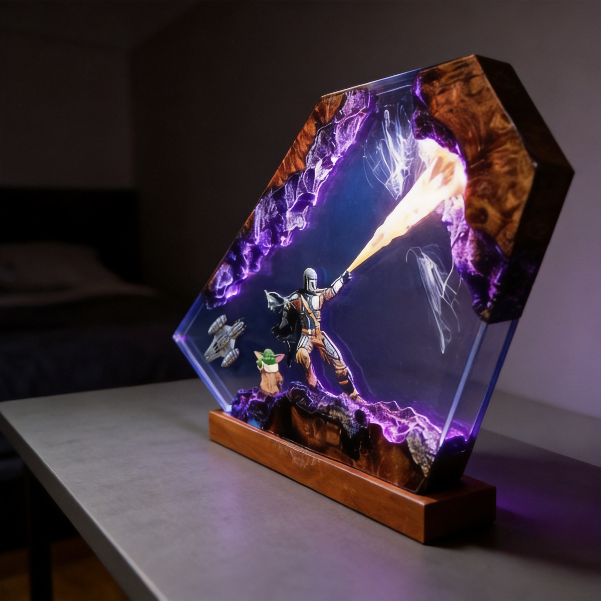 The Mandalorian Diorama,Din Djarin, Grogu,Resin Lamp,Star Wars Darth Lord Vader Night Light Desk Decor | Handmade Custom Gift