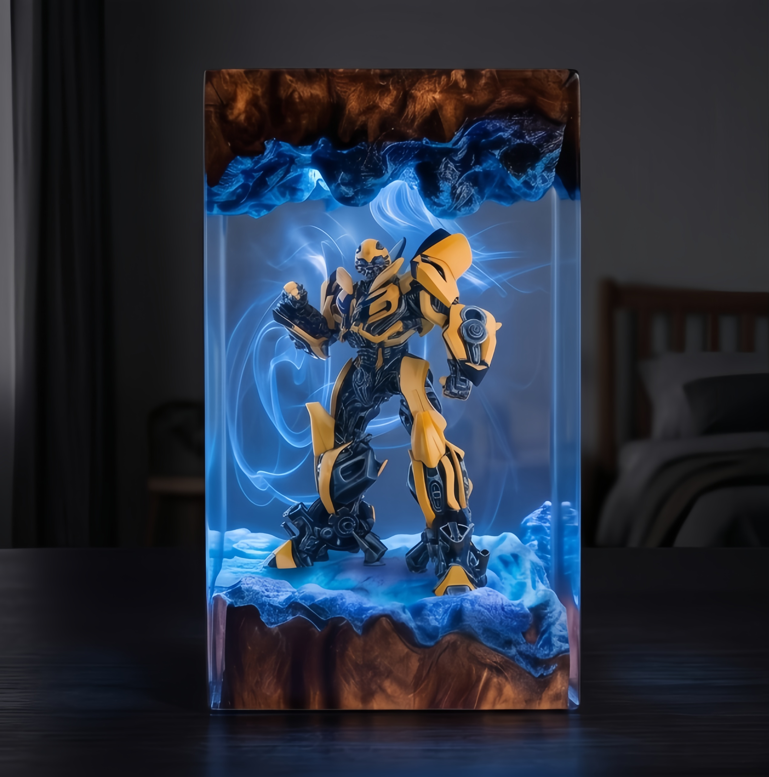 Transformers Bumblebee LED Resin Wood Lamp - Custom Robot Diorama Night Light