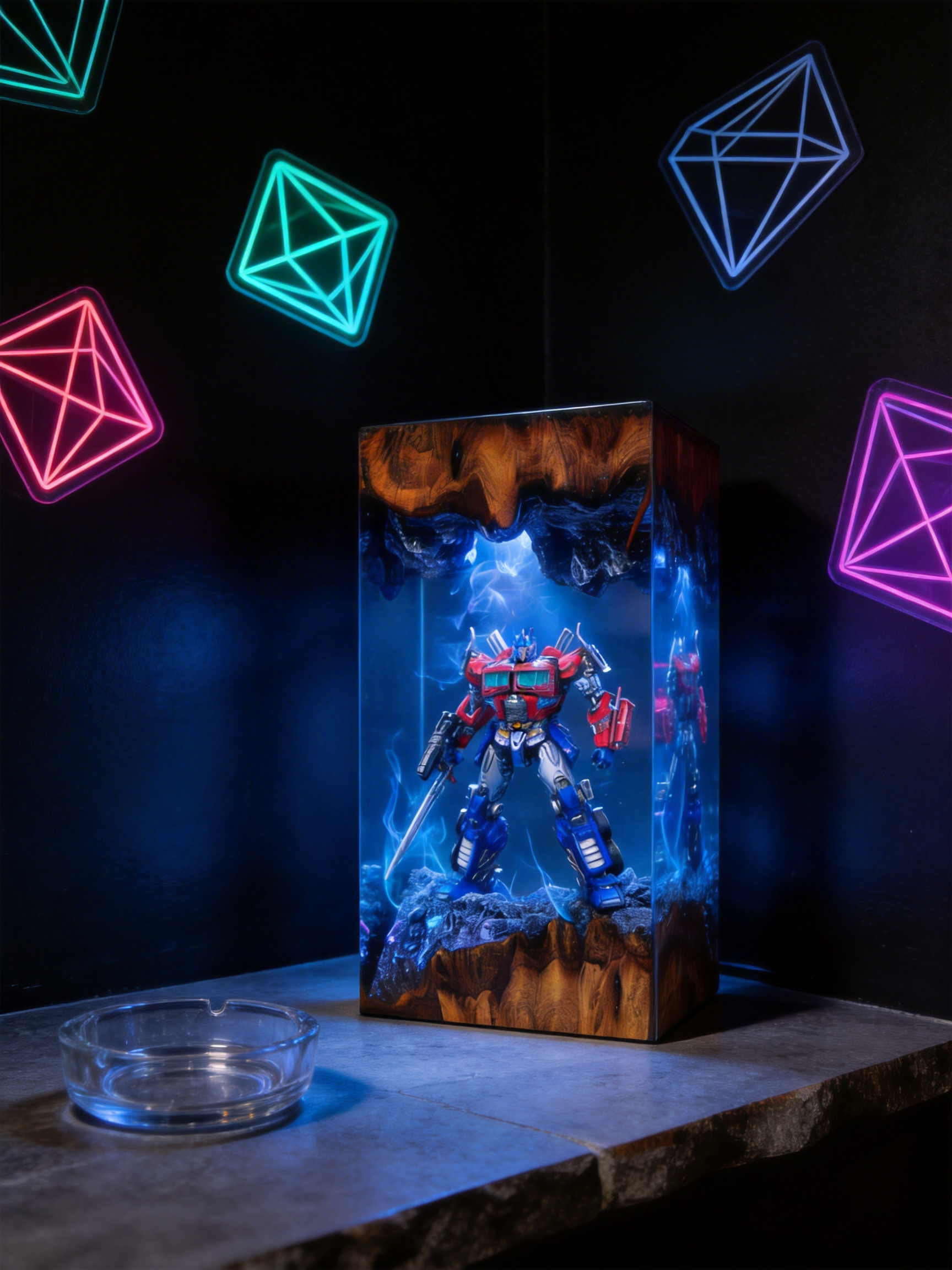 Transformers Optimus Prime LED Resin Wood Lamp - Custom Robot Diorama Night Light