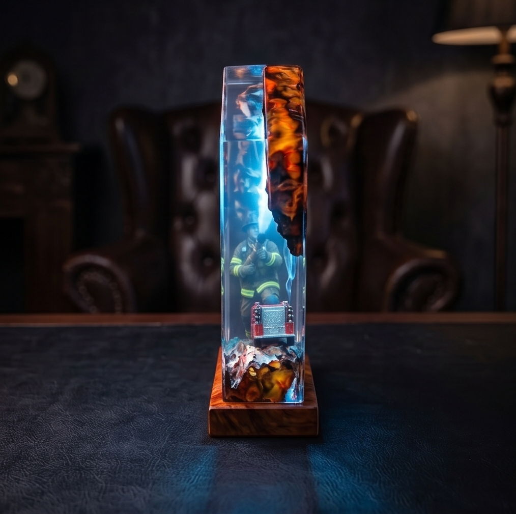 Firefighter Resin Lamp, Diorama Night Light, Natural Wood Base, LED Illumination, Fantasy Art Decor