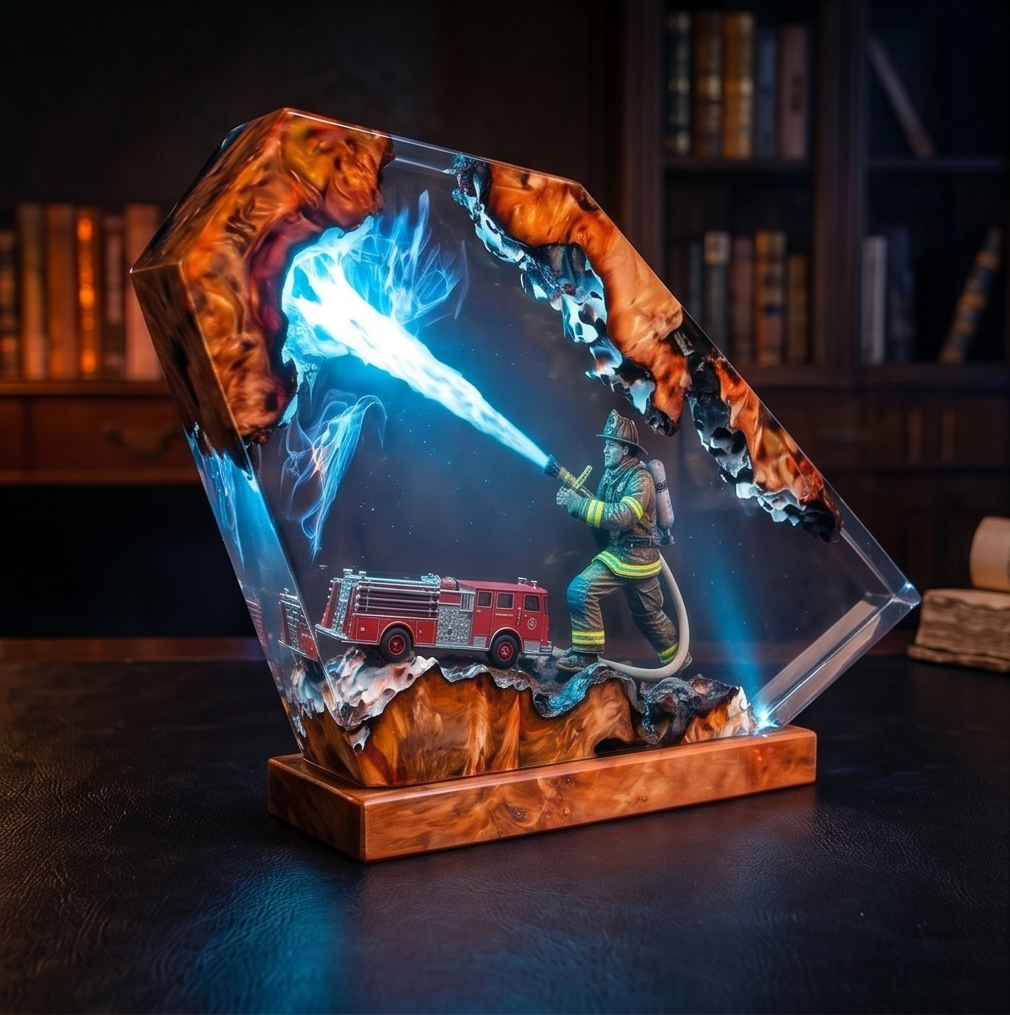 Firefighter Resin Lamp, Diorama Night Light, Natural Wood Base, LED Illumination, Fantasy Art Decor