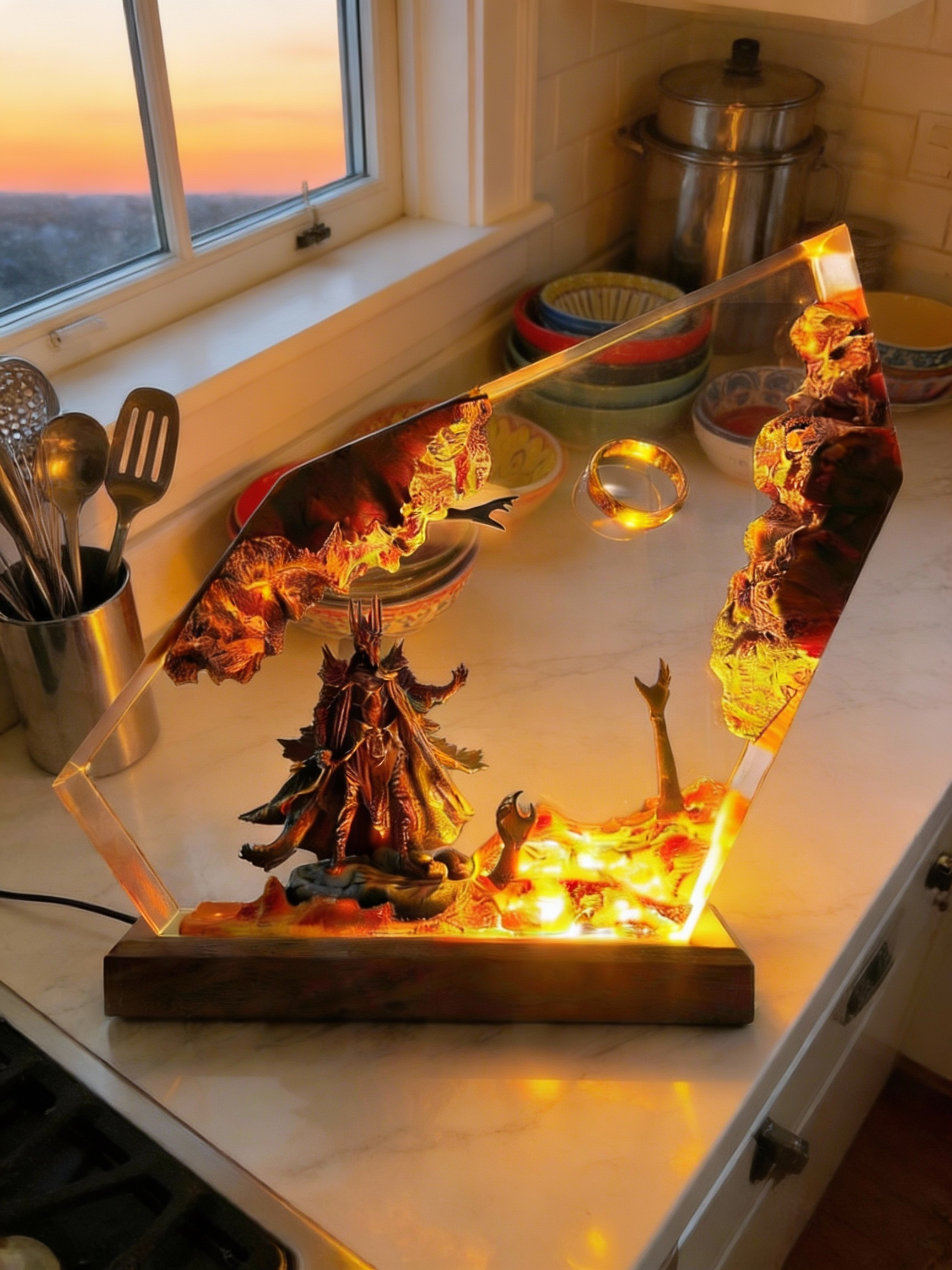 Dark Fantasy Resin Lamp, Handcrafted Fantasy Night Light with Epic Battle Scene